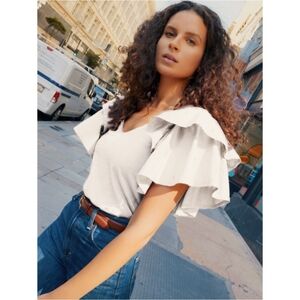 NATION Ltd. White Layered Ruffle Pufc Sleeve V Neck Top, M